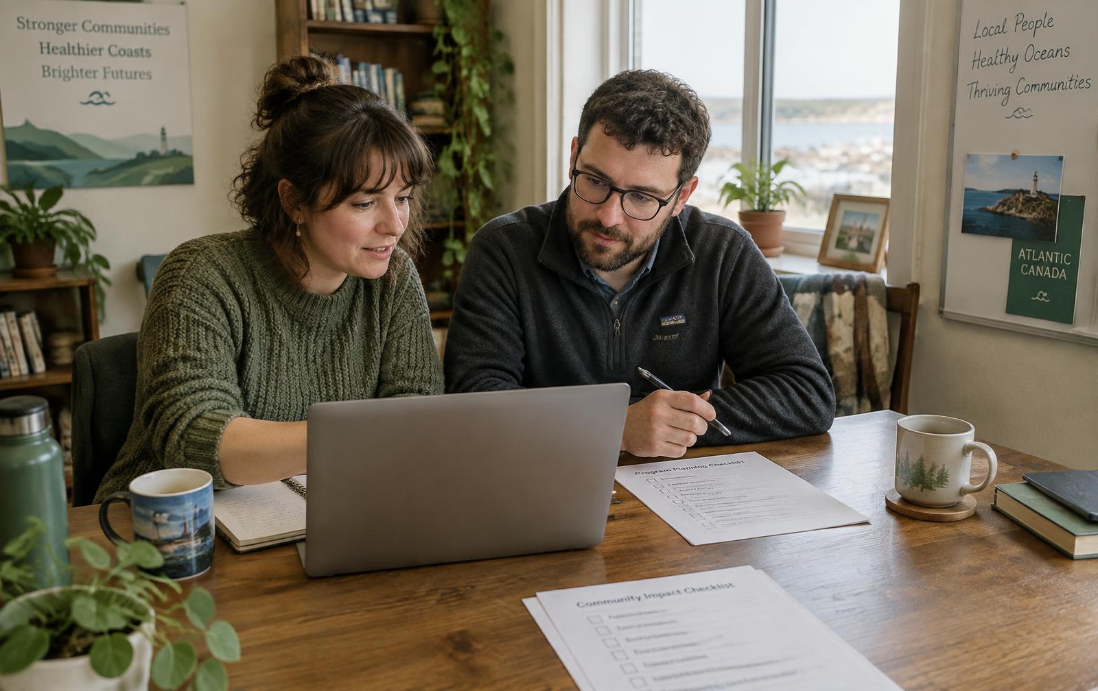 Two colleagues at a table in a small office reviewing a laptop and printed checklists together